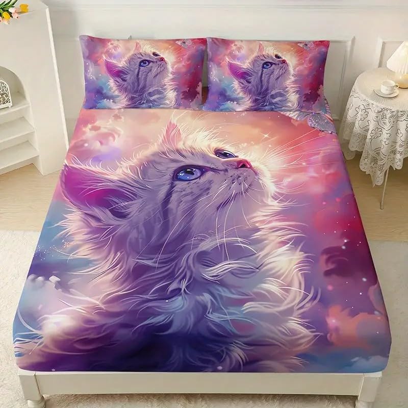 猫キングサイズ ボックスシーツ星空ベッドカバー柔らかい通気性